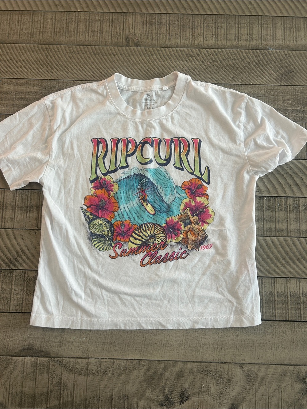 Rip Curl White Tee with Turquoise Wave and Pink Floral Graphic